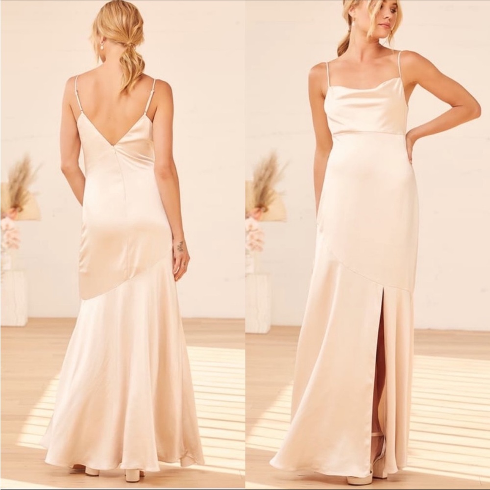 Lulu’s Moment in the Spotlight Champagne Satin Maxi Dress Small